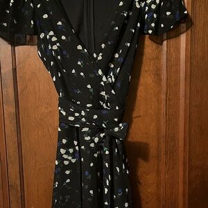 DKNY Black Midi Dress with Blue and White Floral Pattern